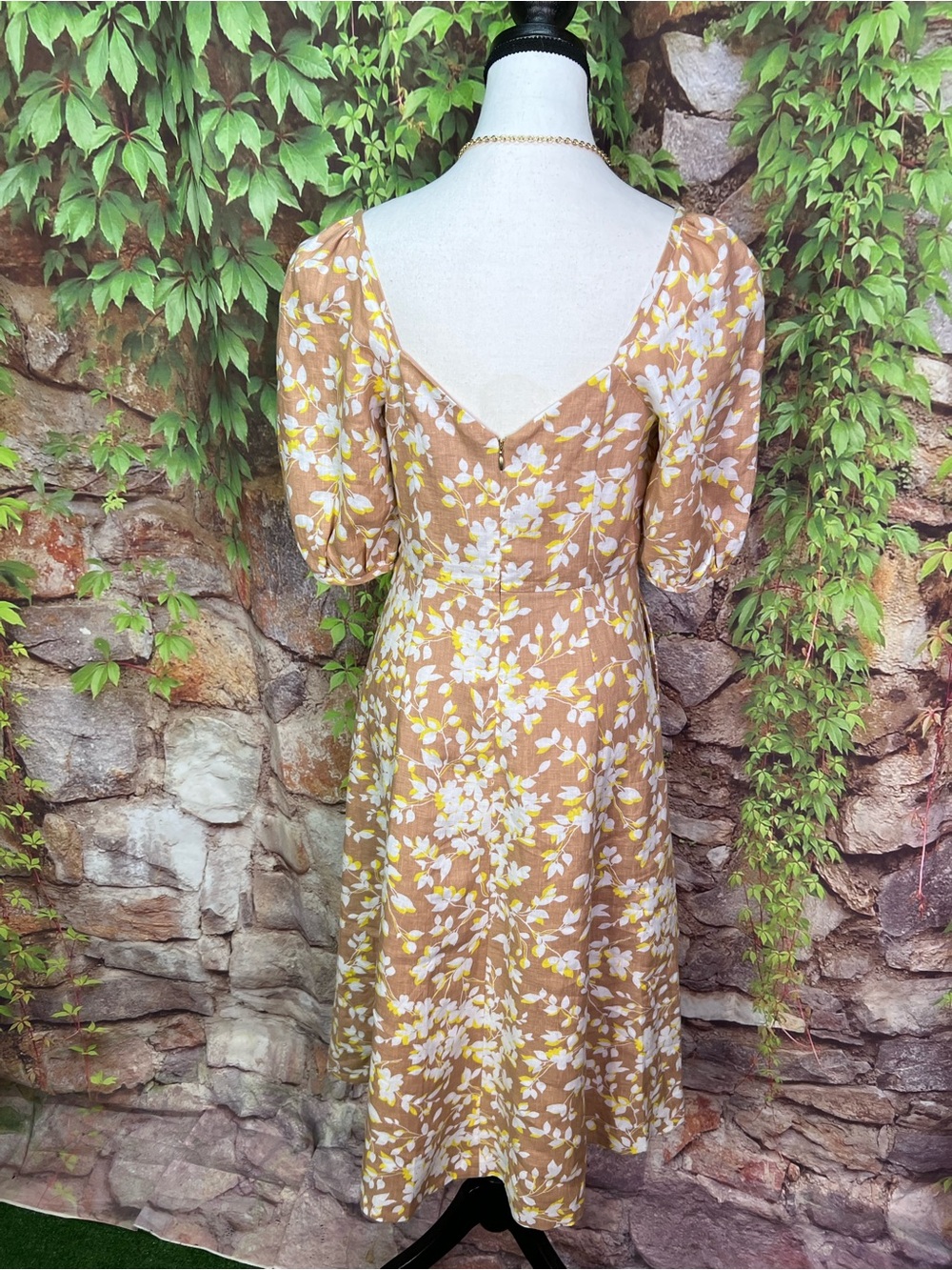 DRAPER JAMES Camel Cottagecore Floral Linen Sweetheart Neckline Dress, 2 - Picture 8 of 14